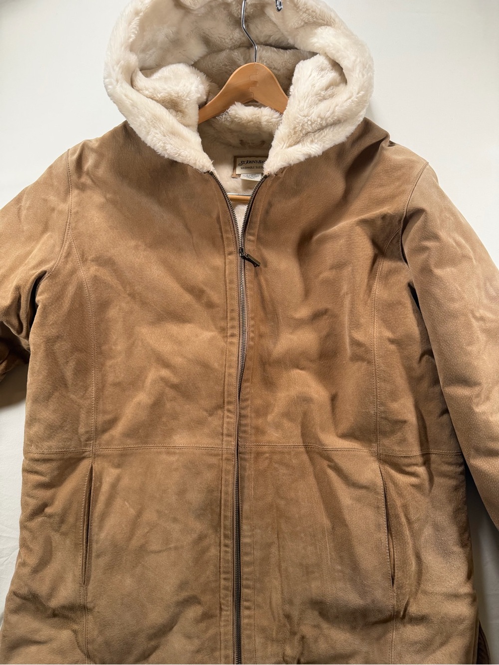 Shearling-Lined Hooded Coat in Tan